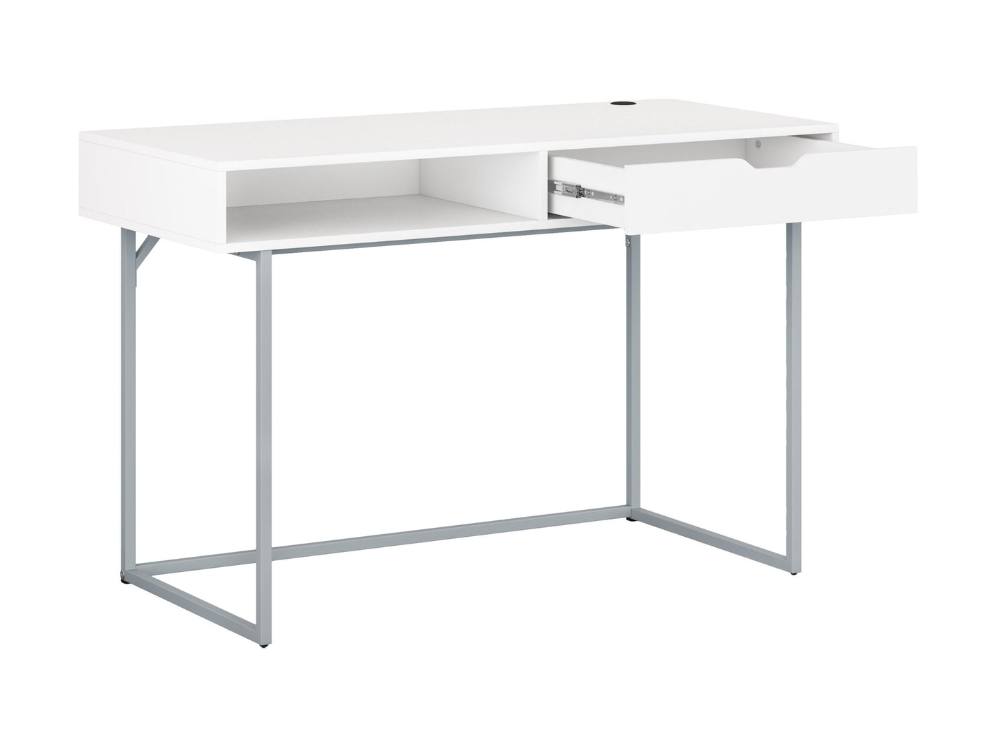 White modern computer desk with sleek metal legs, minimalist design, spacious surface, and built-in cable management.