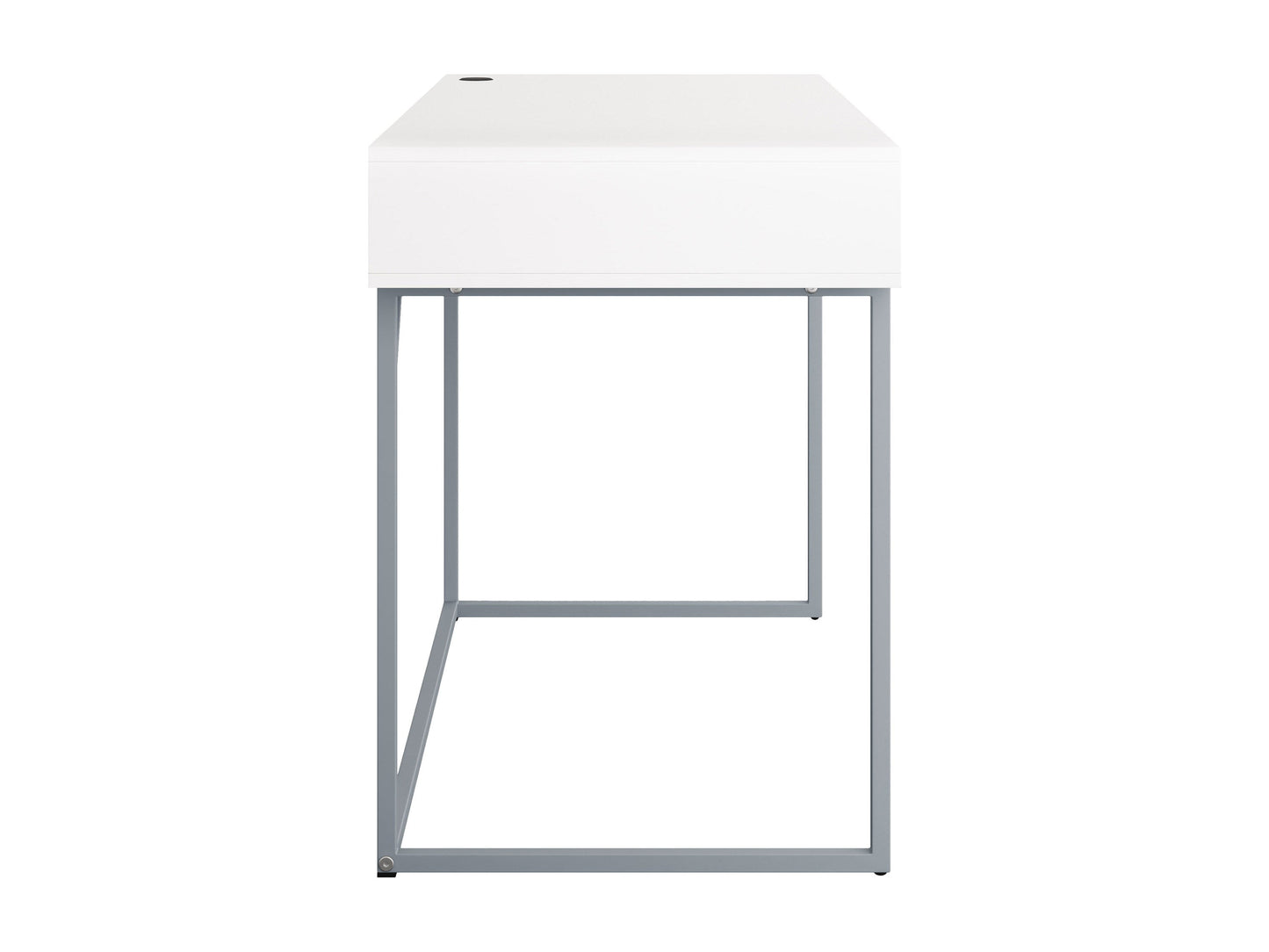 White modern computer desk with sleek metal legs, spacious surface, and minimalist design.