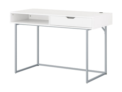 White modern computer desk with sleek metal legs, spacious surface, and minimalist design for home office or study.