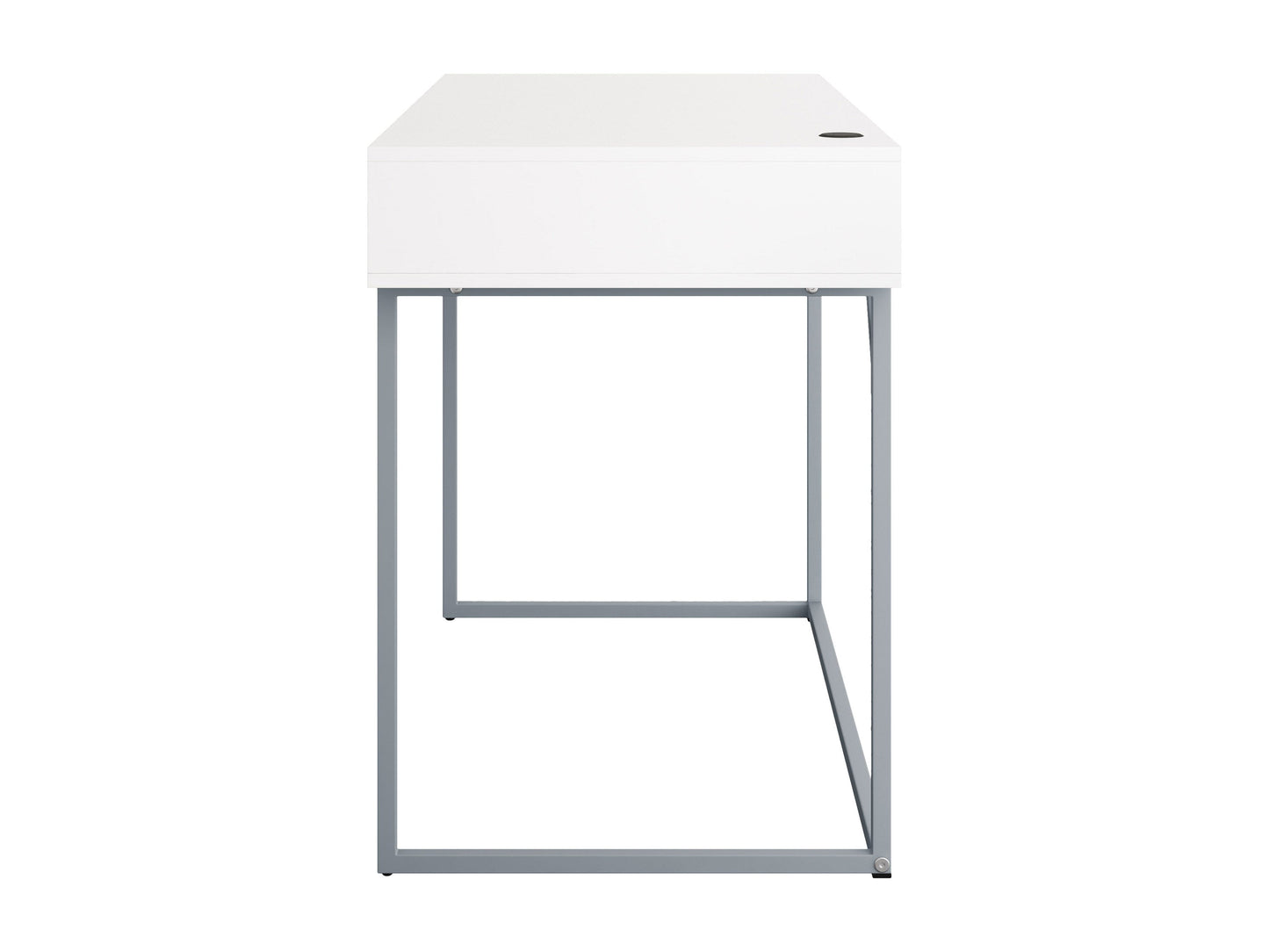 White modern computer desk with sleek metal legs, spacious surface, and minimalist design for home office or workspace.