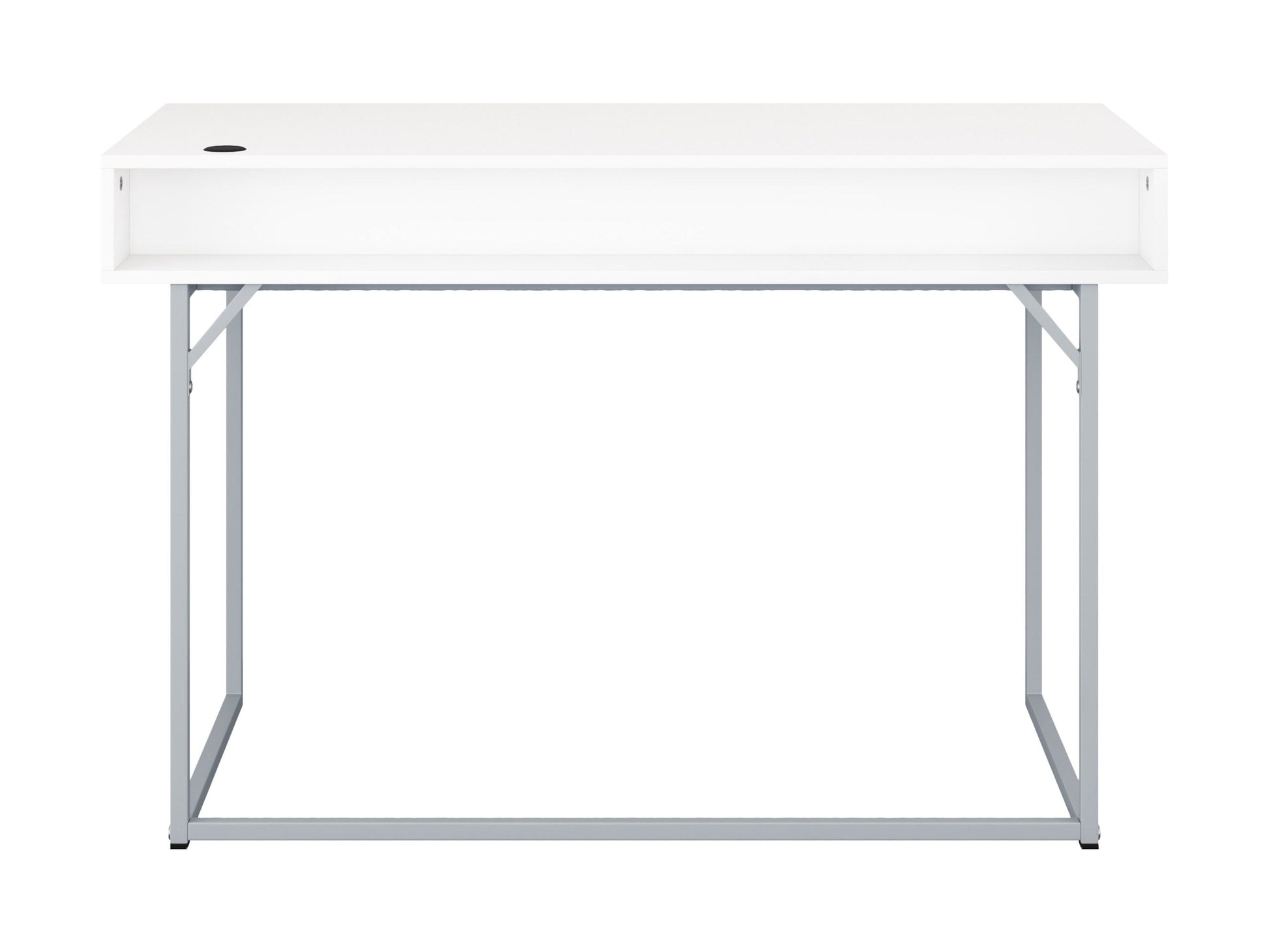 White modern computer desk with sleek metal frame, spacious tabletop, and minimalist design for home office or study.