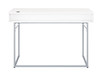 White modern computer desk with sleek metal frame, spacious tabletop, and minimalist design for home office or study.