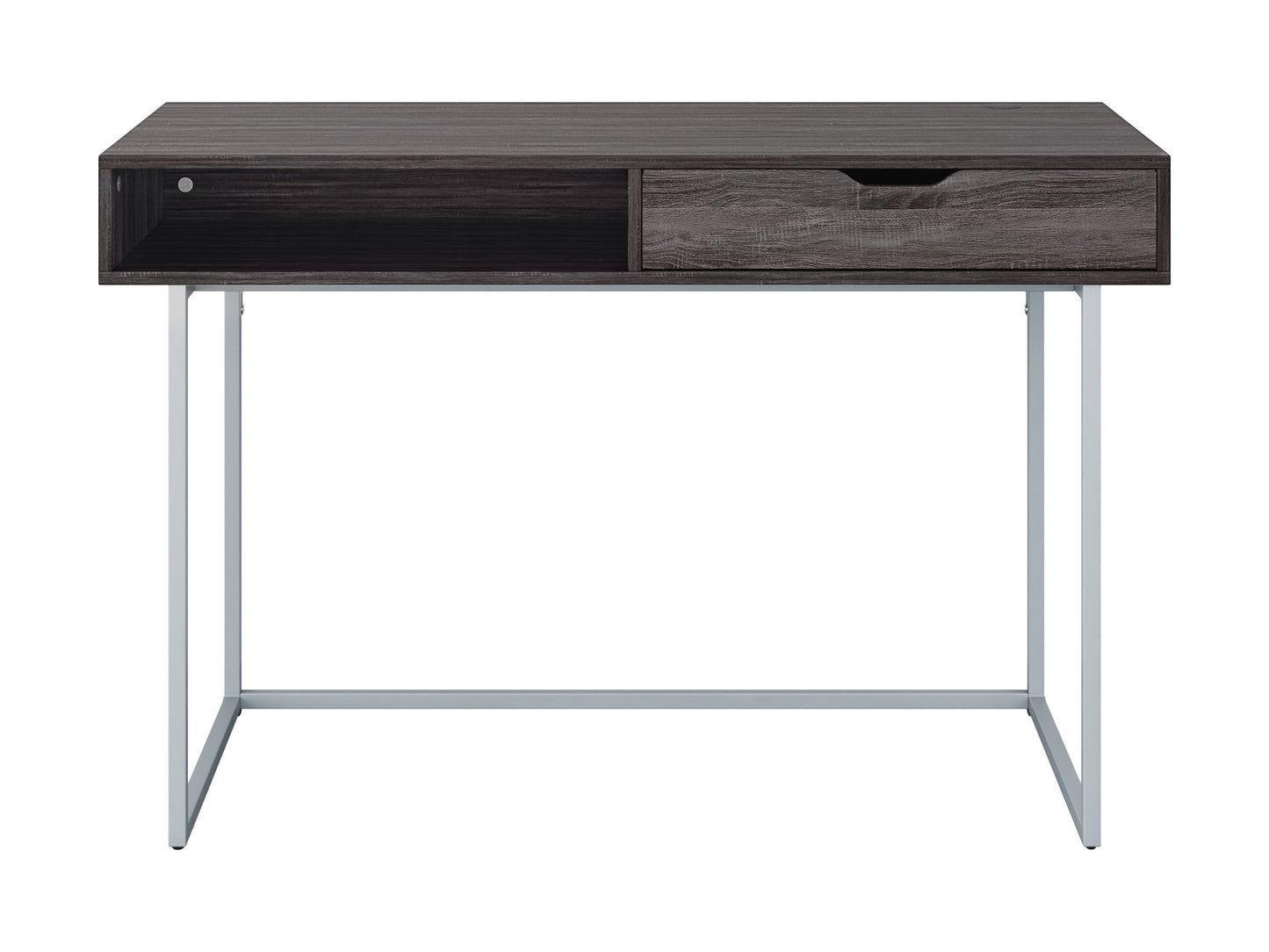 Modern grey computer desk with sleek metal legs, spacious tabletop, and minimalist design.