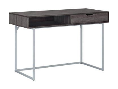 Modern grey computer desk with sleek metal frame and spacious wooden surface.