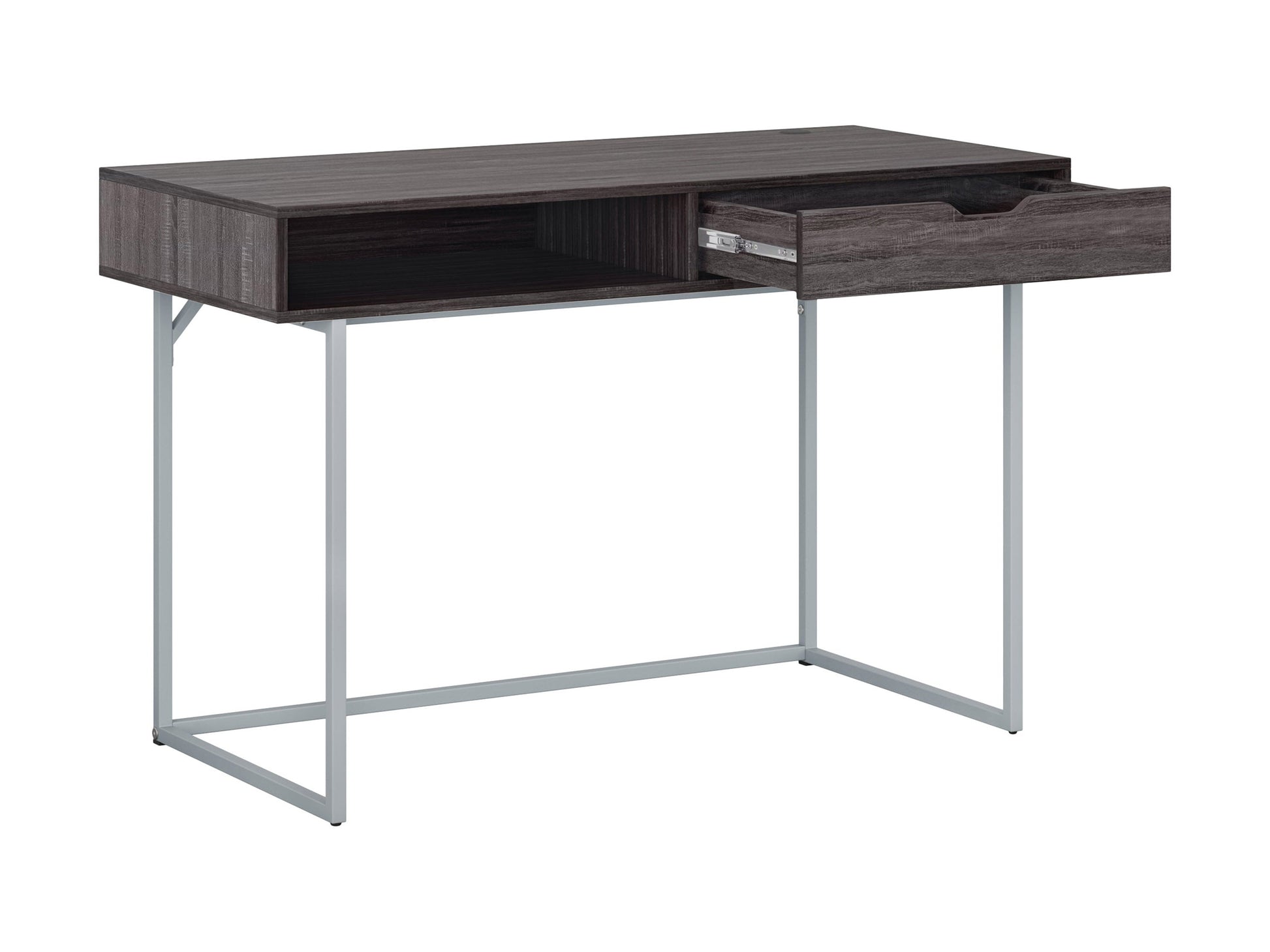 Modern grey computer desk with sleek metal frame, spacious surface, and minimalist design.