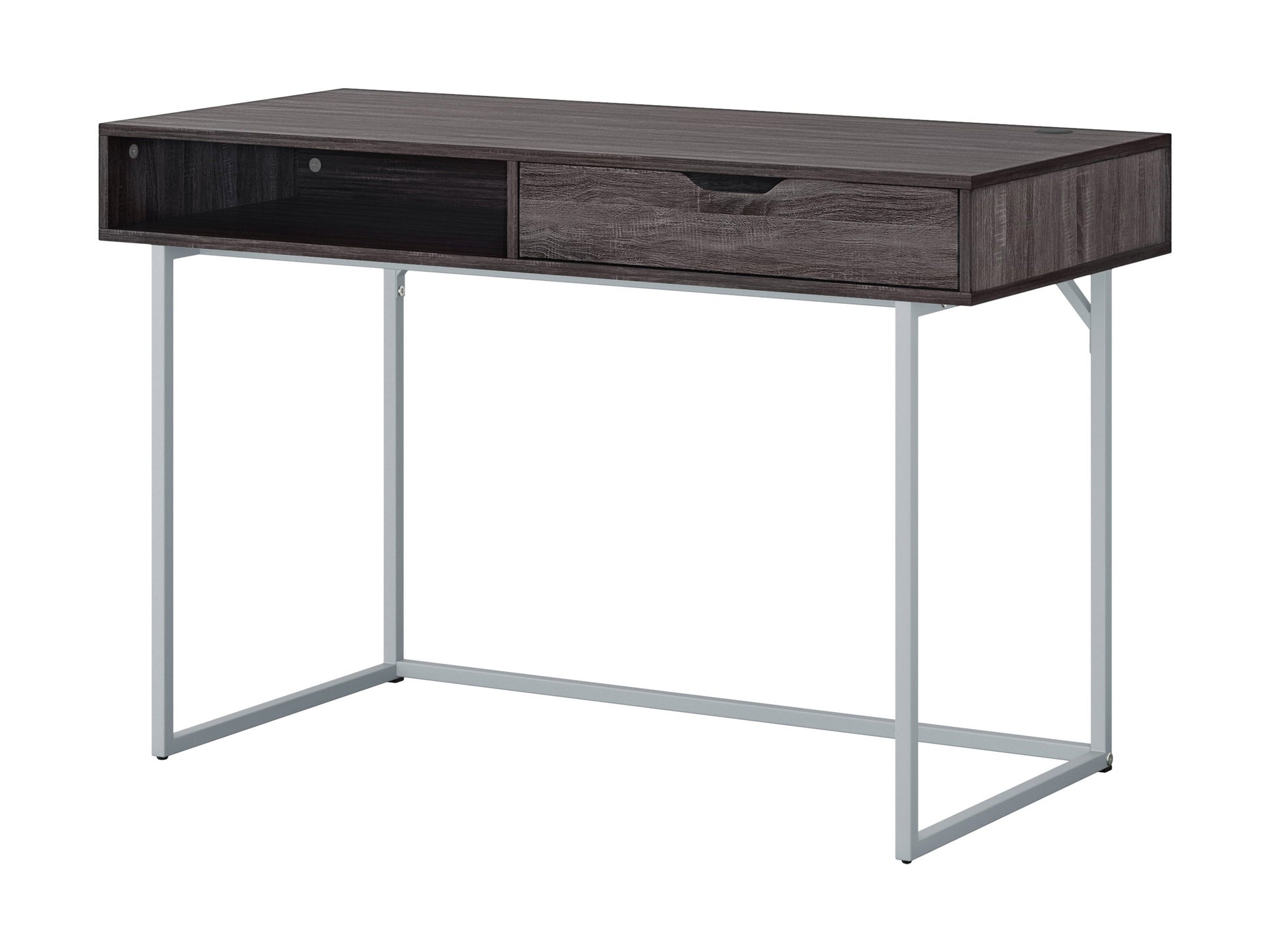 Modern grey computer desk with sleek metal legs, spacious surface, and minimalist design for home office.