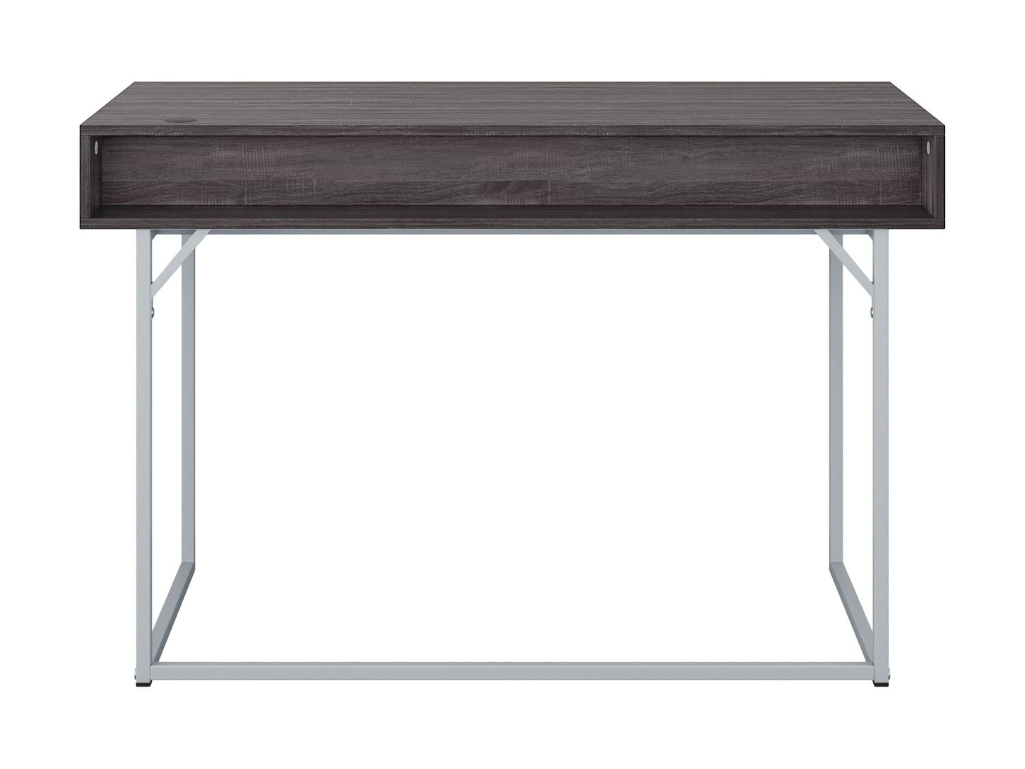 Modern grey computer desk with sleek metal legs, spacious surface, and minimalist design.