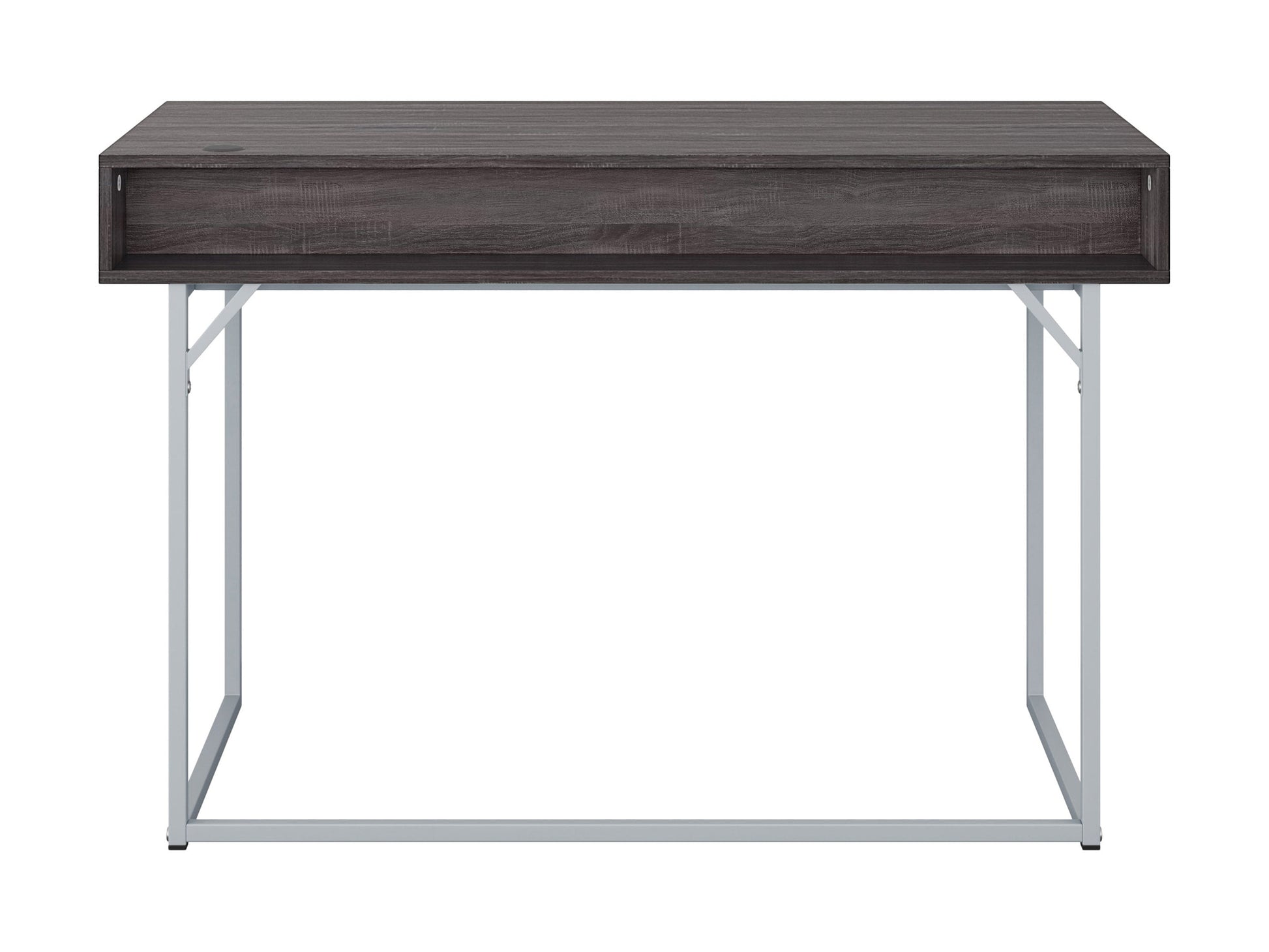 Modern grey computer desk with sleek metal legs, spacious surface, and minimalist design.