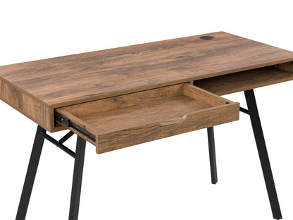 Natural wood desk with brown finish, sleek metal legs, and minimalist design, ideal for home office or study spaces.