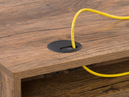 Natural wood desk in brown with sleek metal legs and minimalist design, ideal for home office or study.