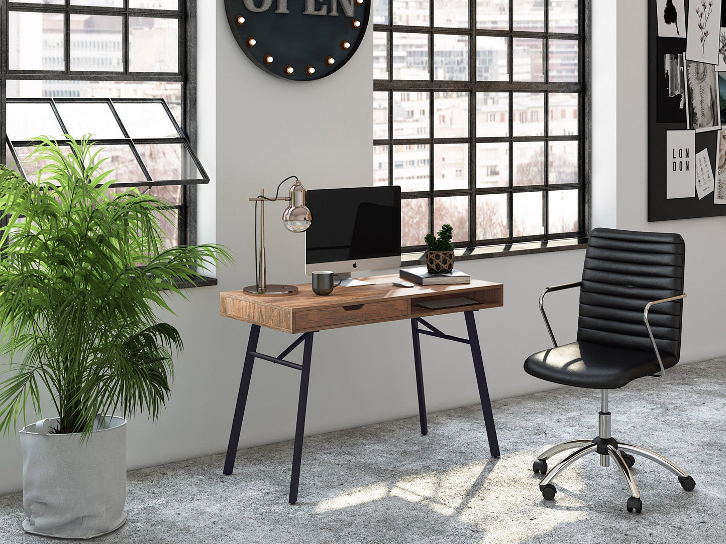 Natural wood desk in brown with sleek design, spacious surface, and sturdy black metal legs, ideal for home office use.