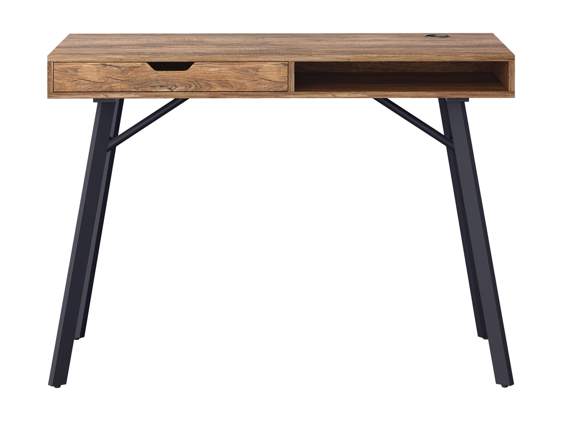 Natural wood desk in brown with sleek design, spacious surface, and sturdy metal legs for home office or workspace.