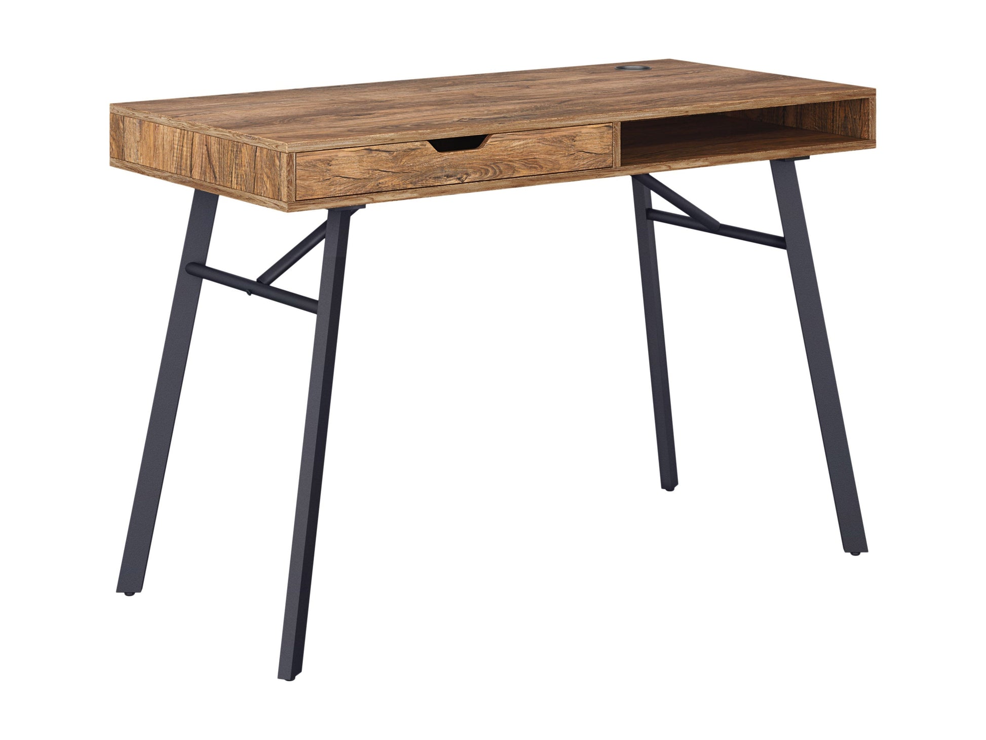 Natural wood desk in brown with sleek design, sturdy legs, and spacious surface for home office or study.