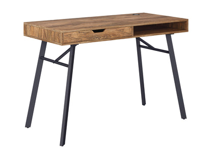 Natural wood desk in brown with sleek design, sturdy legs, and spacious surface for home office or study.