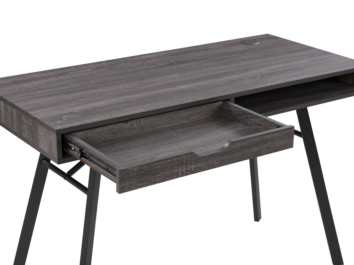 Natural wood desk with grey finish, minimalist design, metal legs, and spacious surface for home office or study.