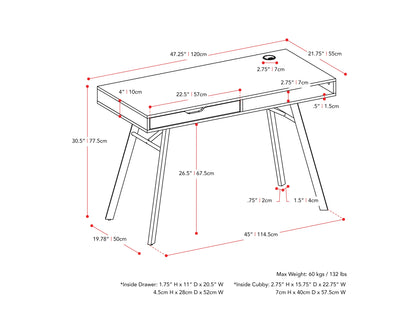 Natural wood desk with grey finish, sleek design, sturdy metal legs, and spacious surface for home office or study.