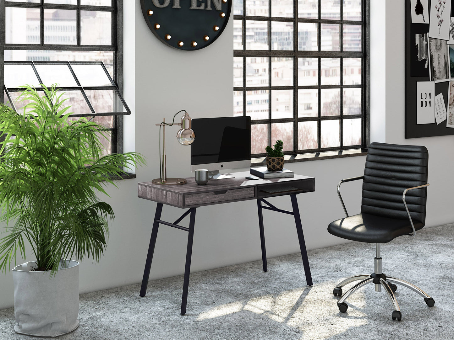 Natural wood desk with grey finish, sleek metal legs, spacious surface, and minimalist design.