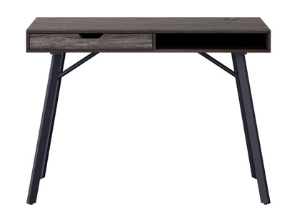 Natural wood desk with grey finish, sleek metal legs, and spacious surface for home office or study.