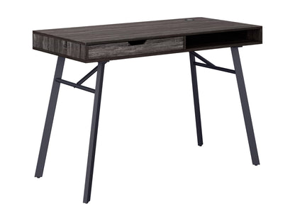 Natural wood desk with grey finish, minimalist design, sturdy legs, and spacious surface for home office or study.