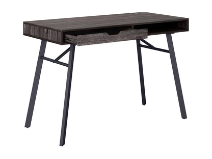 Natural wood desk with grey finish, sleek metal legs, and minimalist design, ideal for home office or study space.