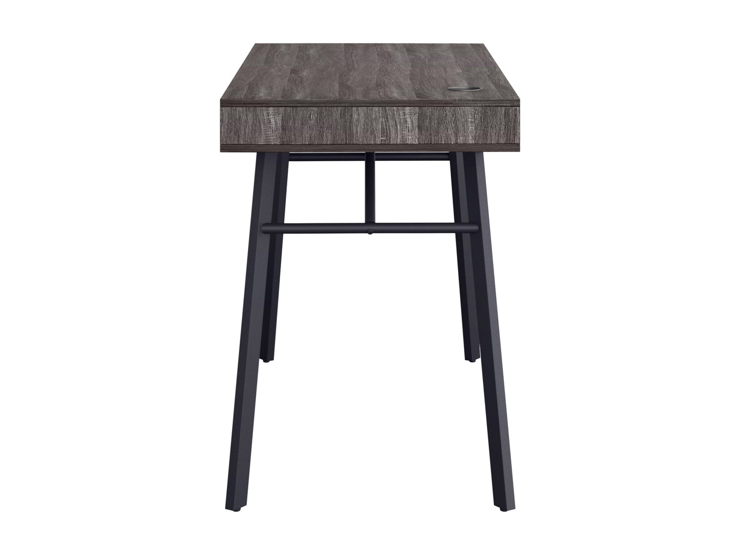 Natural wood desk with grey finish, sleek metal legs, and minimalist design for home office or workspace.