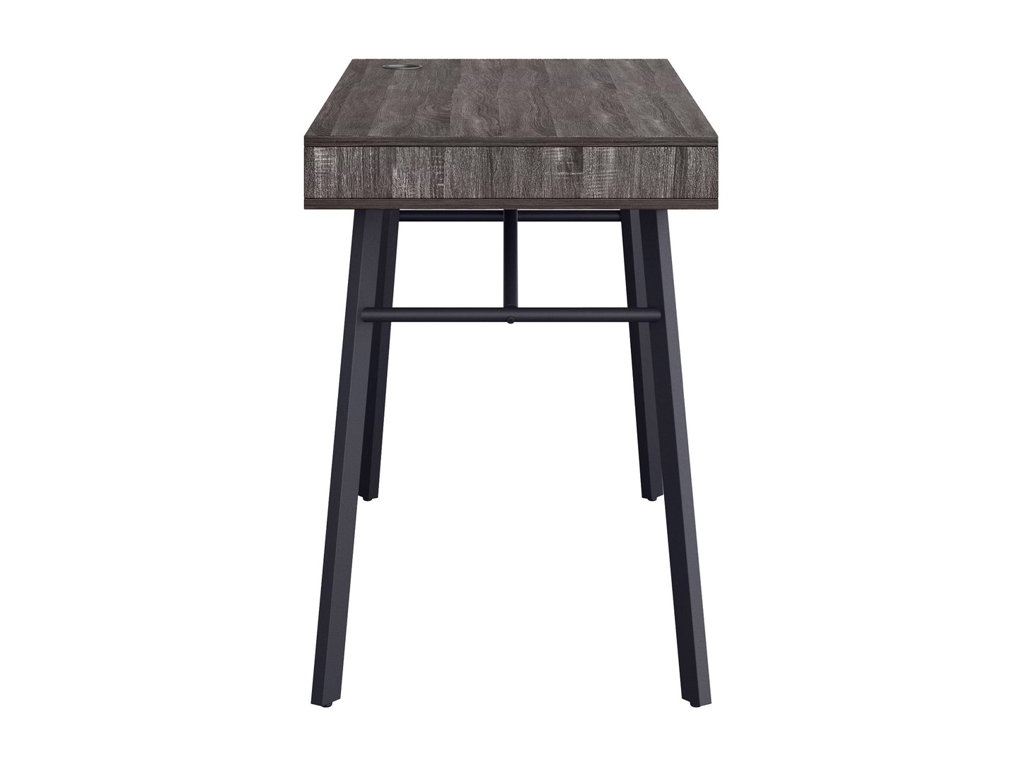 Natural wood desk with grey finish, sleek design, metal legs, and spacious work surface.