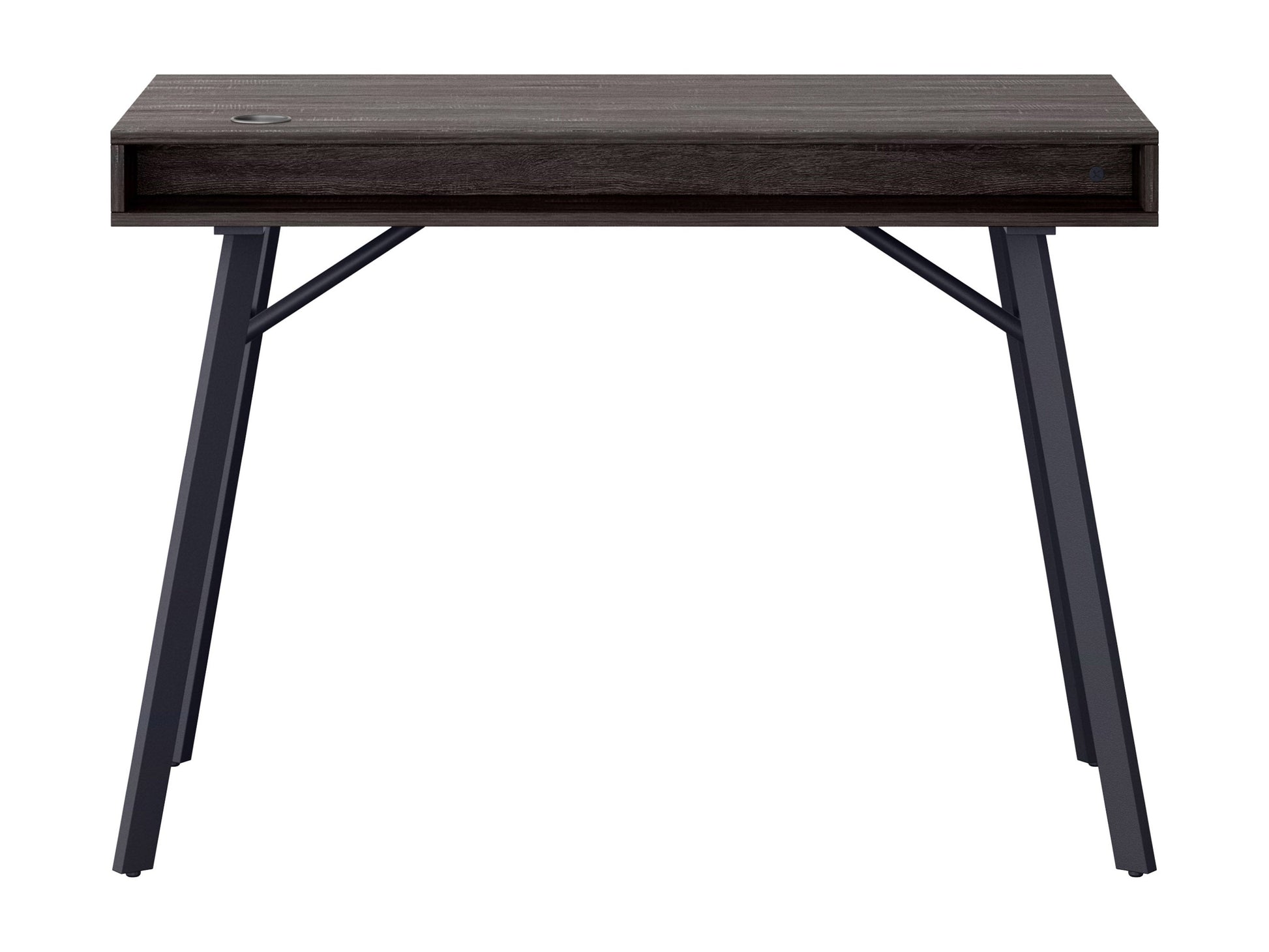 Natural wood desk with grey finish, sleek design, sturdy metal legs, and spacious surface for home office or study.