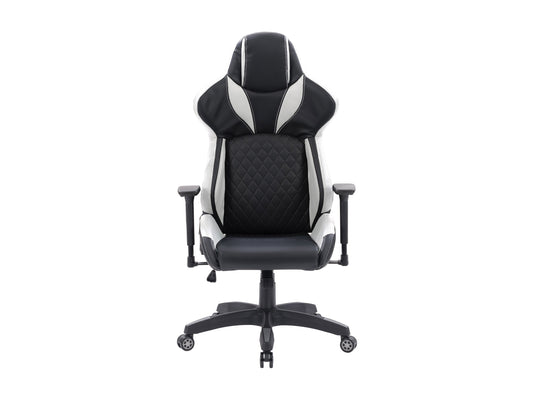 Black and white gaming reclining chair with ergonomic design, padded armrests, and adjustable headrest.