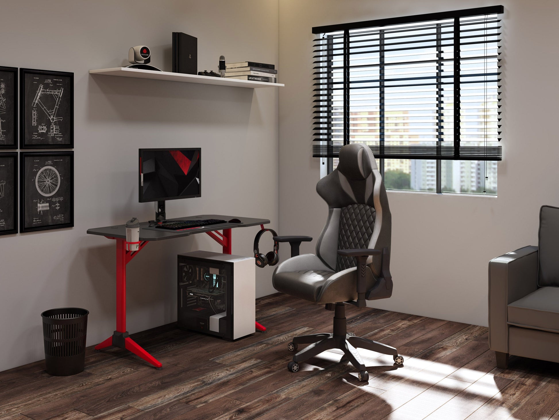 Black and grey gaming reclining chair with ergonomic design, padded armrests, and adjustable headrest.