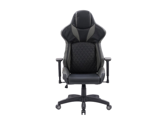 Gaming reclining chair in black and grey with ergonomic design, adjustable armrests, lumbar support, and durable fabric upholstery.