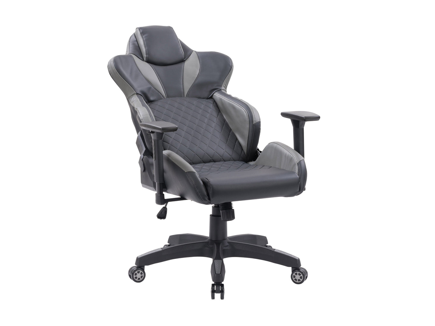 Black and grey gaming reclining chair with ergonomic design, padded armrests, and lumbar support.