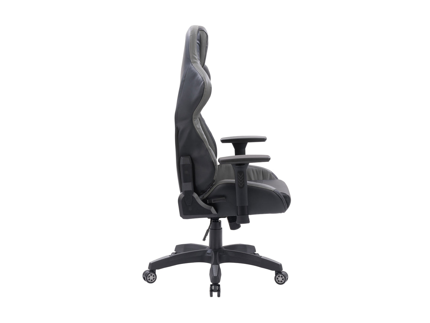 Black and grey gaming reclining chair with ergonomic design, adjustable armrests, and high-density foam padding.