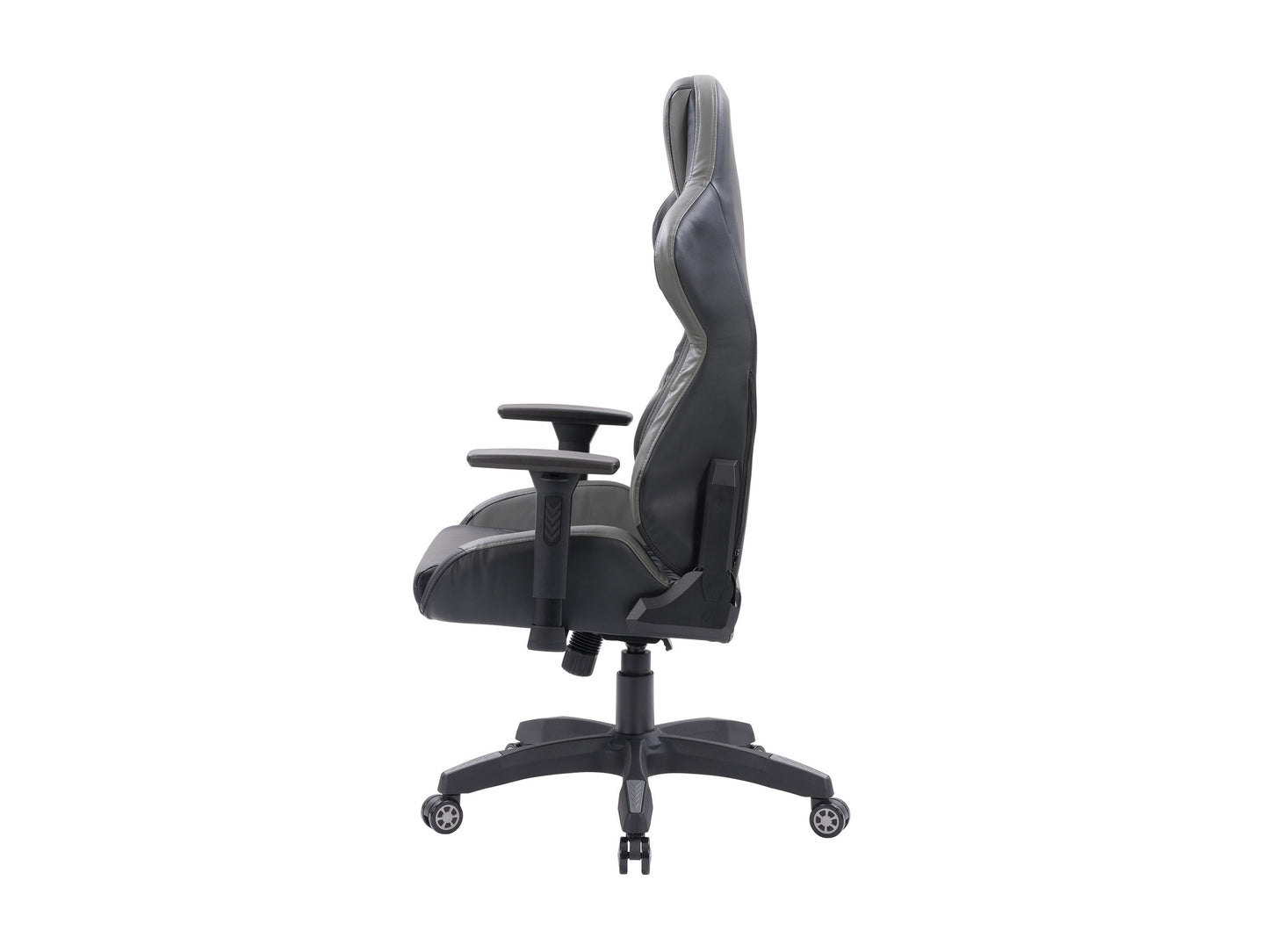 Black and grey gaming reclining chair with ergonomic design, padded armrests, and lumbar support