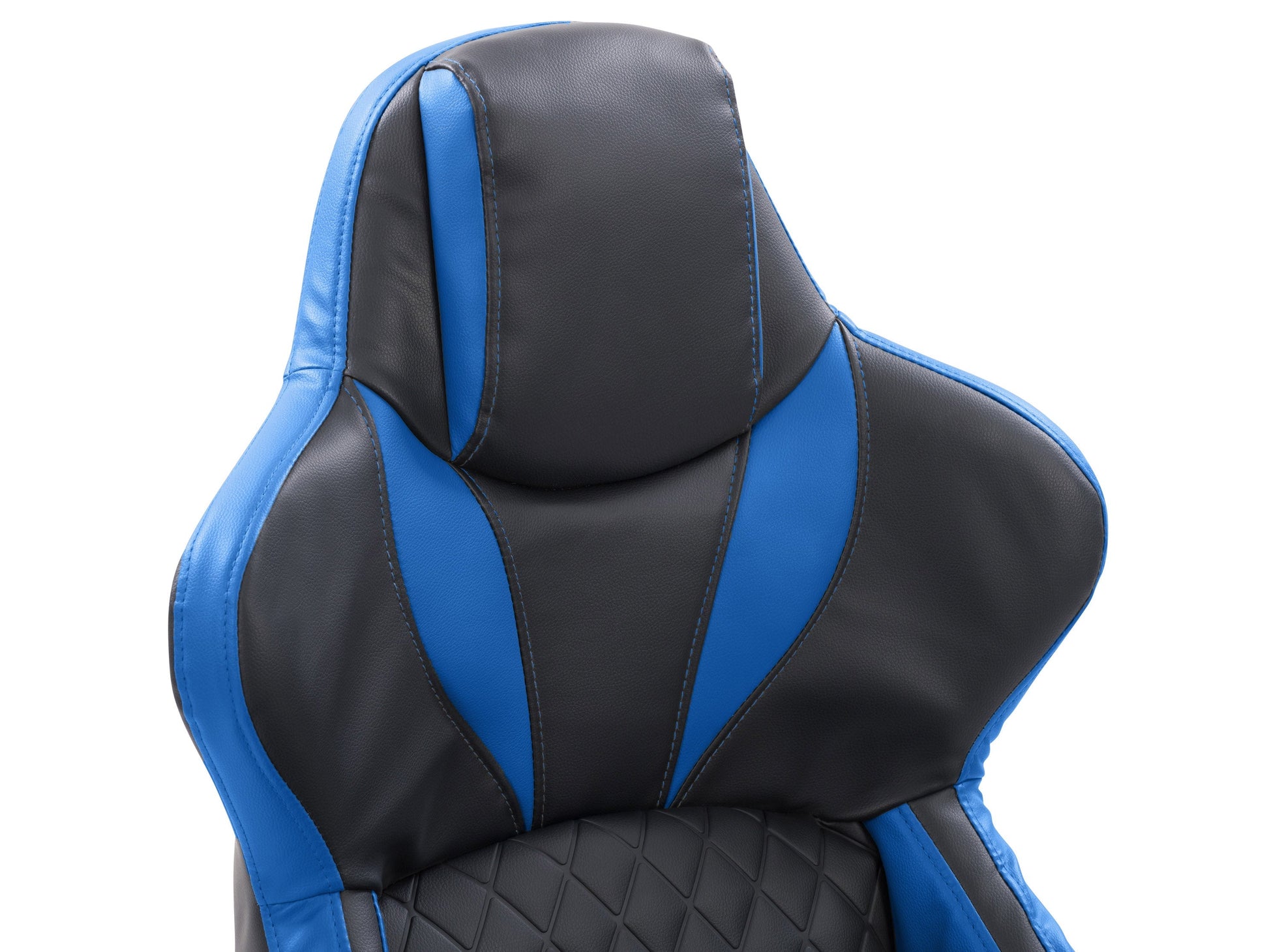 Black and blue gaming reclining chair with ergonomic design, padded armrests, and adjustable headrest.