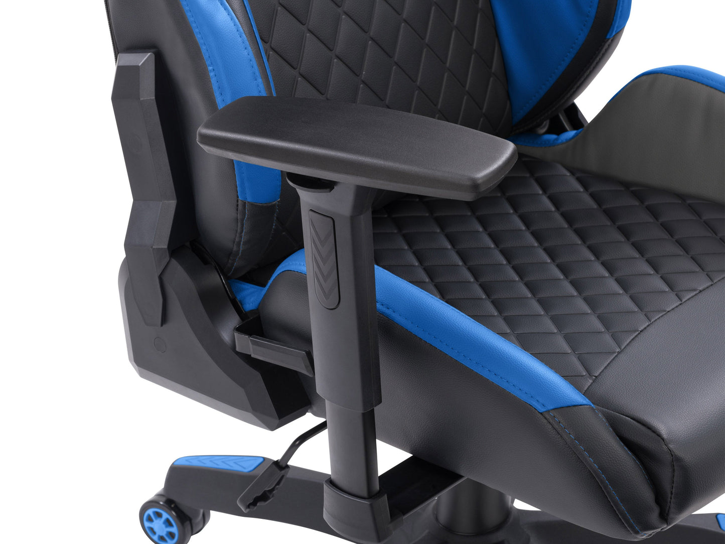 Black and blue gaming reclining chair with ergonomic design, padded armrests, and lumbar support.