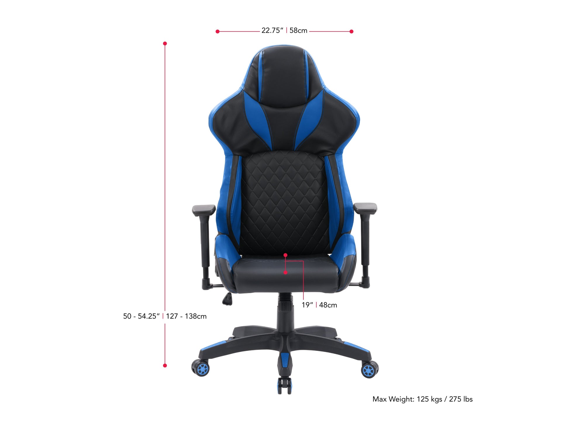 Black and blue gaming reclining chair with ergonomic design, padded armrests, and adjustable headrest.