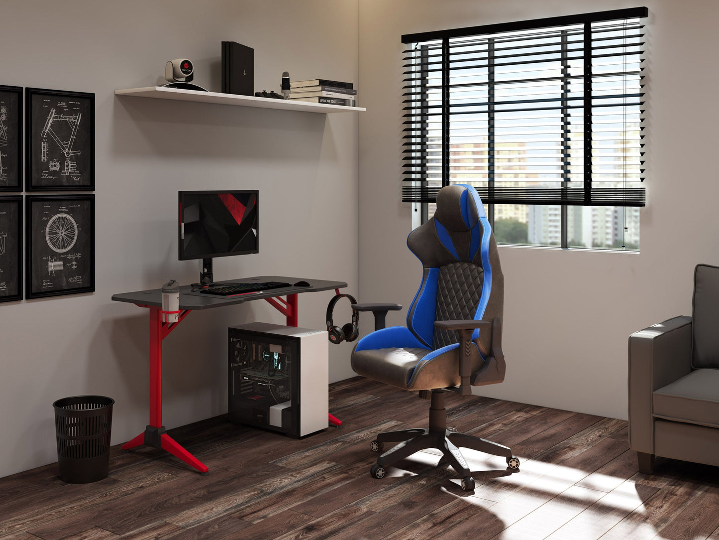 Black and blue gaming reclining chair with ergonomic design, padded armrests, and adjustable headrest.