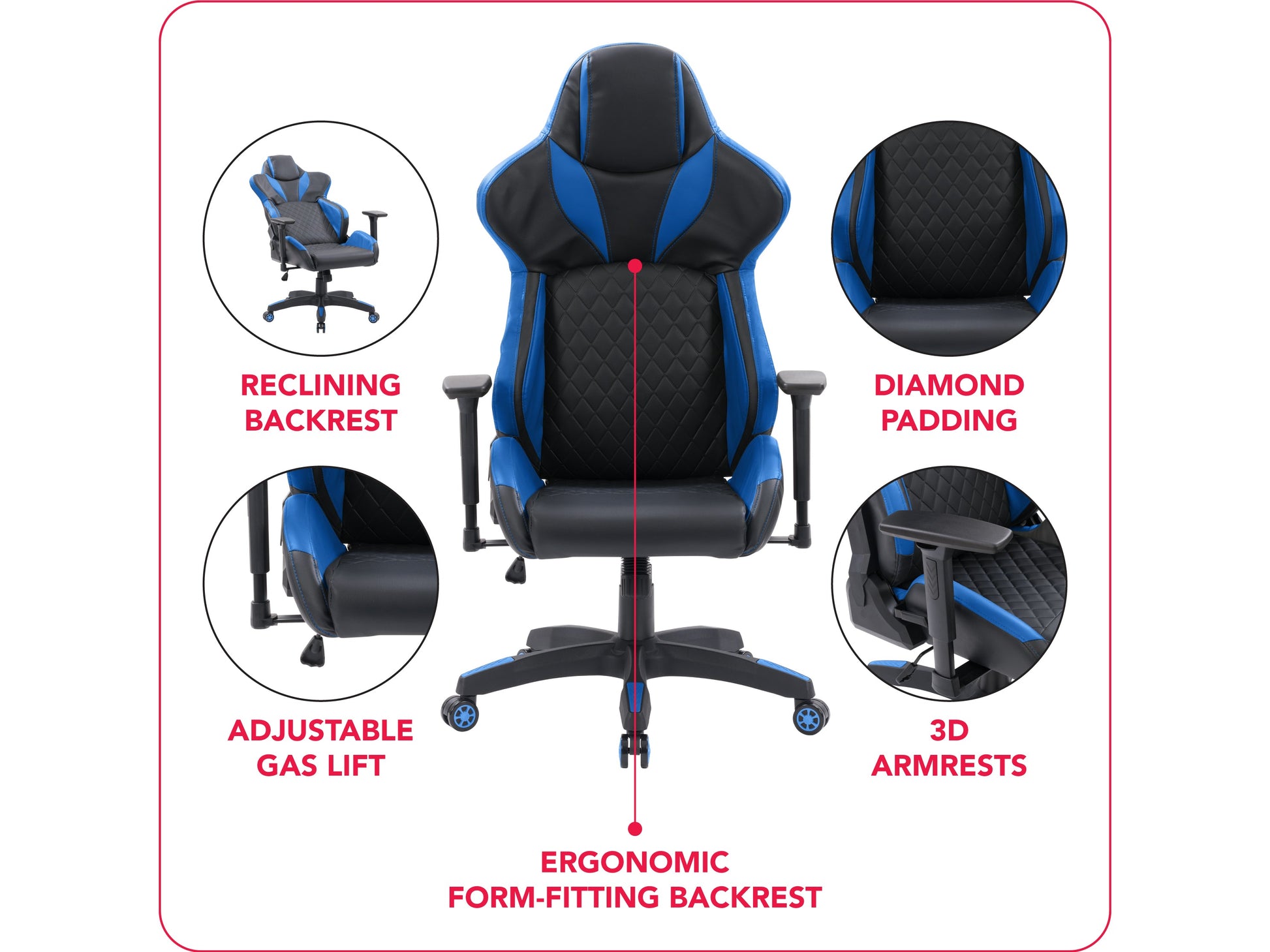 Black and blue gaming reclining chair with ergonomic design, adjustable armrests, and cushioned support.