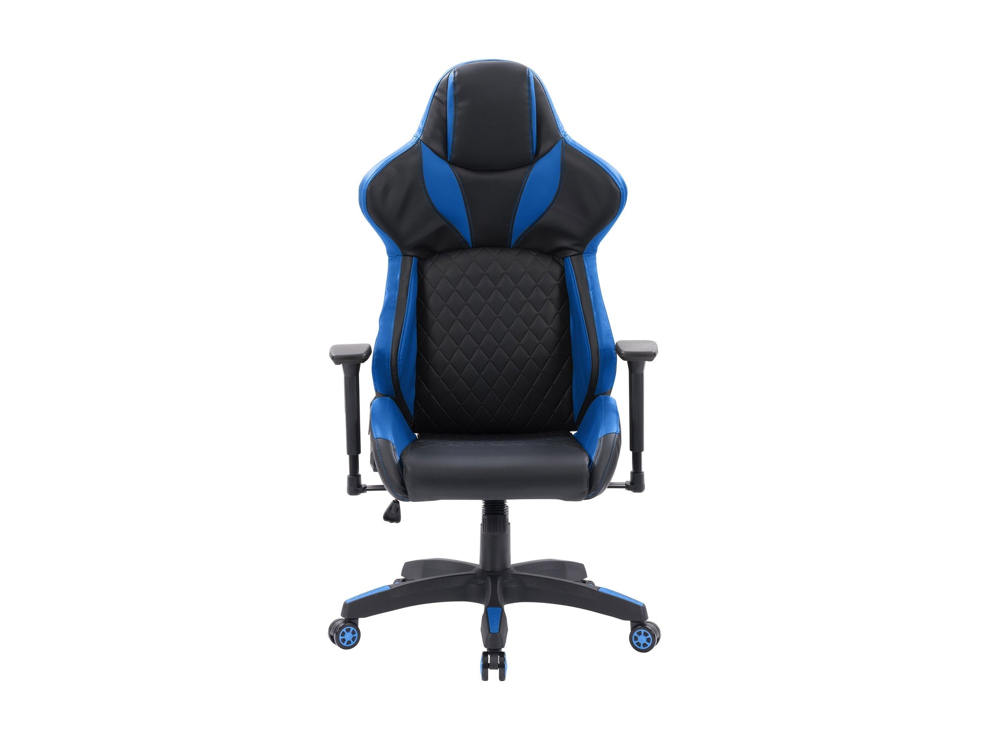 Black and blue gaming reclining chair with ergonomic design, padded armrests, and adjustable headrest.