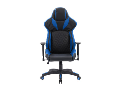 Black and blue gaming reclining chair with ergonomic design, padded armrests, and adjustable headrest.