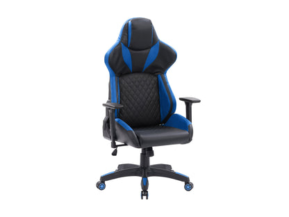 Black and blue gaming reclining chair with ergonomic design, adjustable armrests, and high-density foam padding.