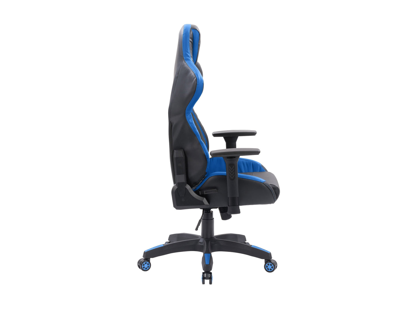 Gaming reclining chair in black and blue with ergonomic design, adjustable armrests, and high-density foam padding.