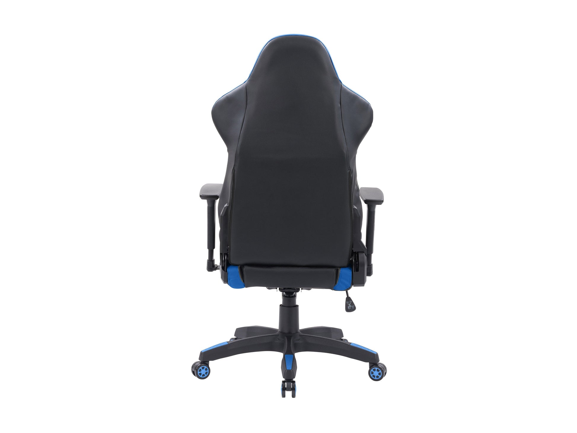 Black and blue gaming reclining chair with ergonomic design, adjustable armrests, and lumbar support.