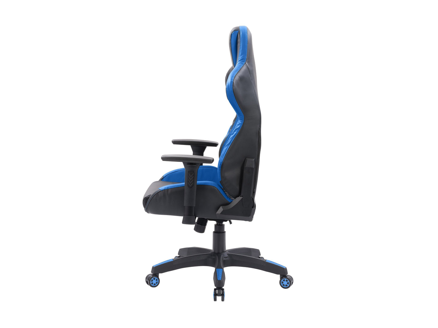 Black and blue gaming reclining chair with ergonomic design, padded armrests, and adjustable headrest.