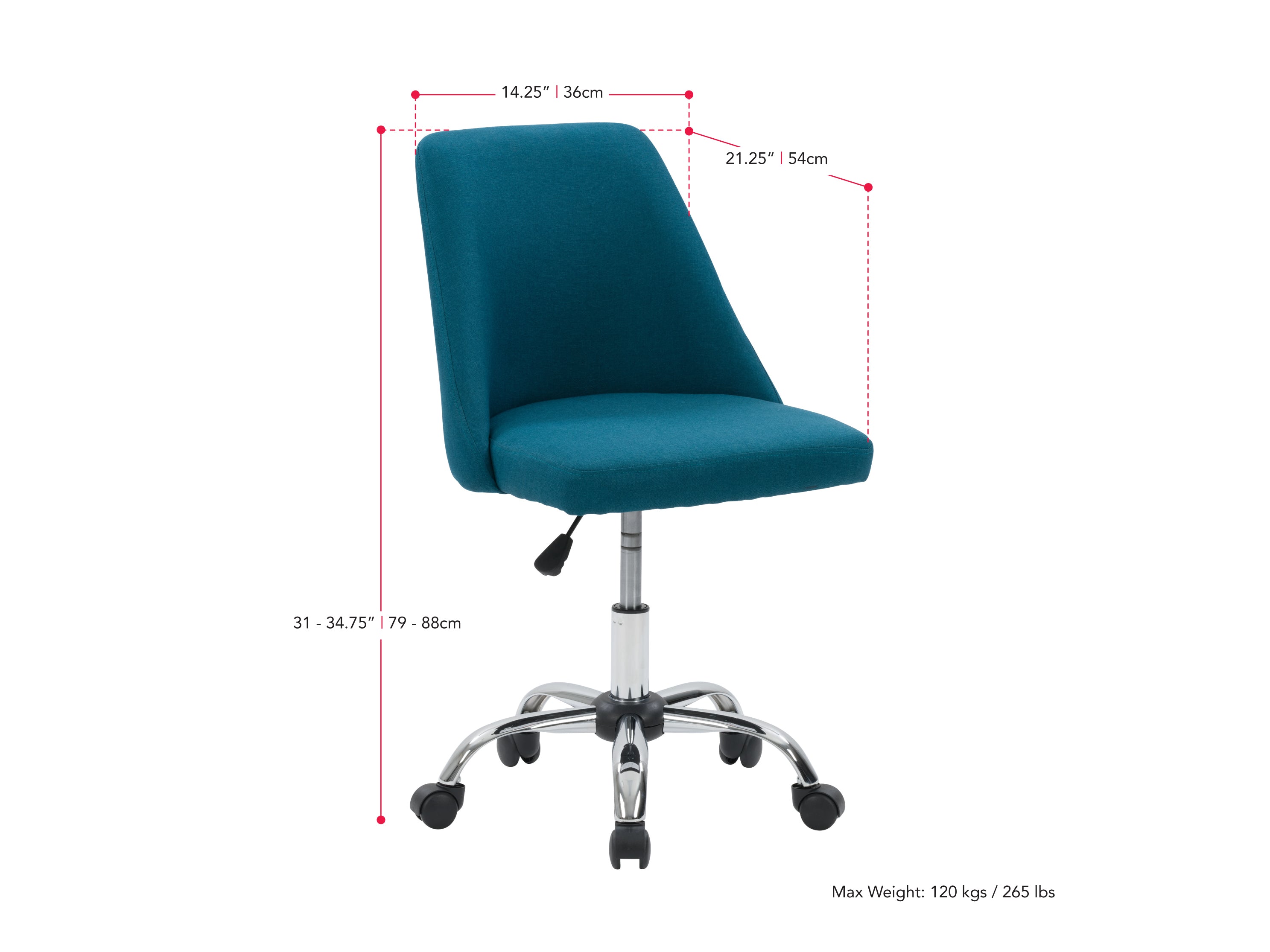 Dark blue armless task chair with ergonomic design, cushioned seat, and durable metal base for office use.