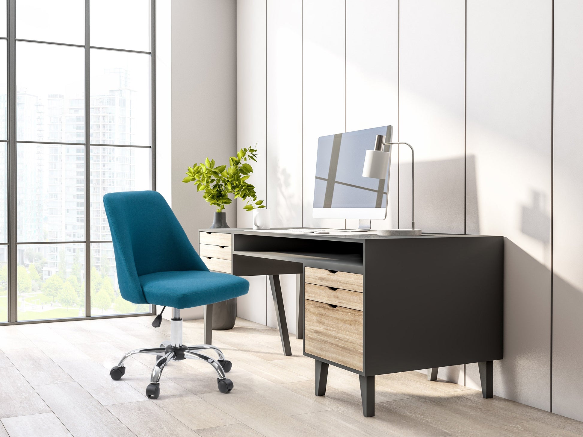 Dark blue armless task chair with ergonomic design, adjustable height, and sleek metal base for modern office spaces.