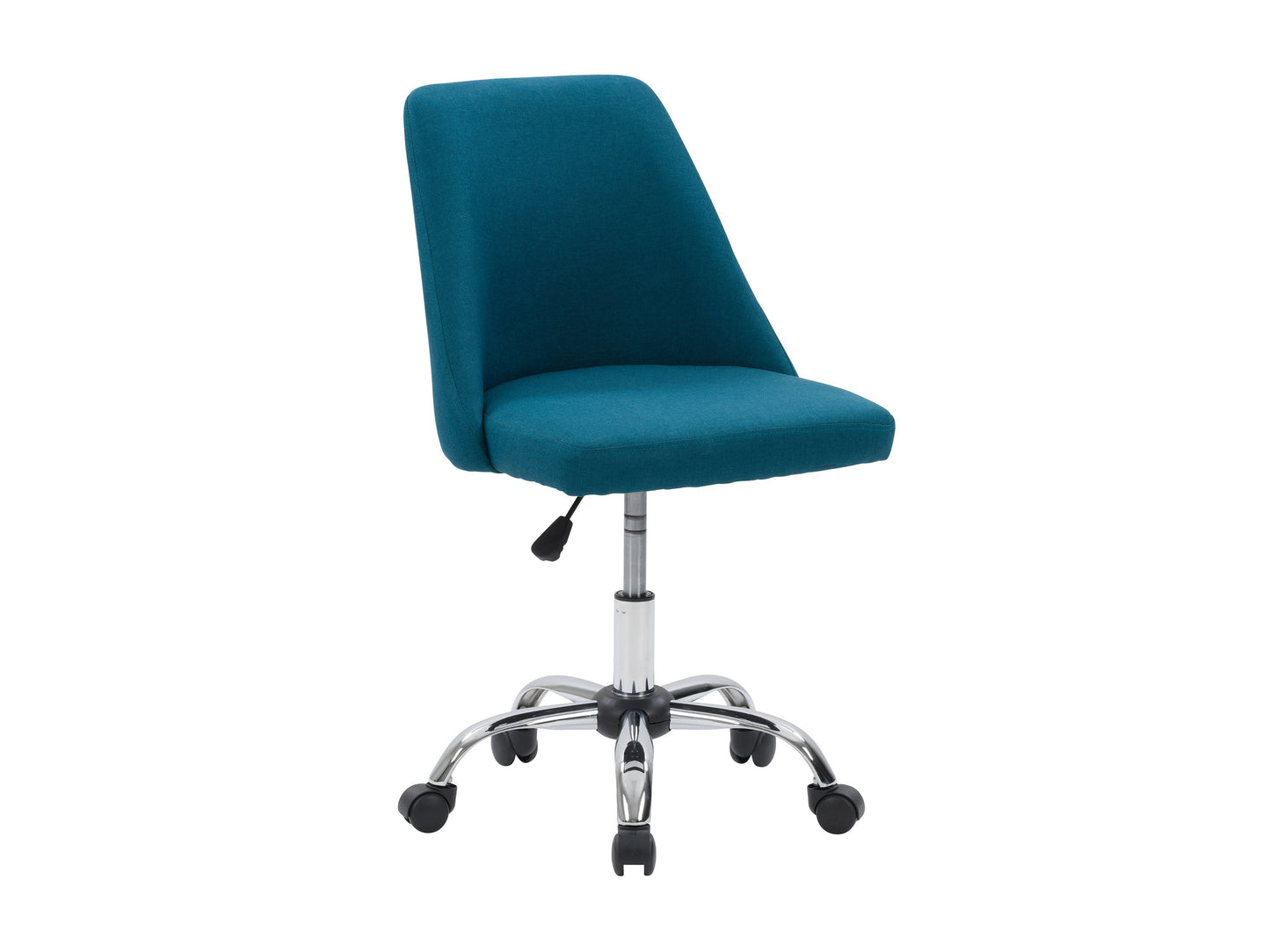 Dark blue armless task chair with ergonomic design, cushioned seat, and sturdy metal base for office use.