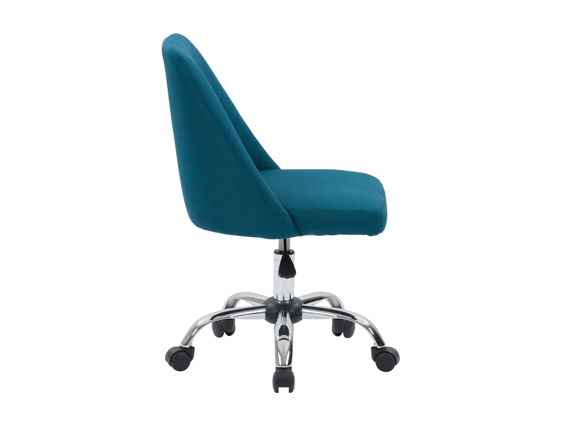 Dark blue armless office chair with ergonomic design, mesh back, and adjustable height.