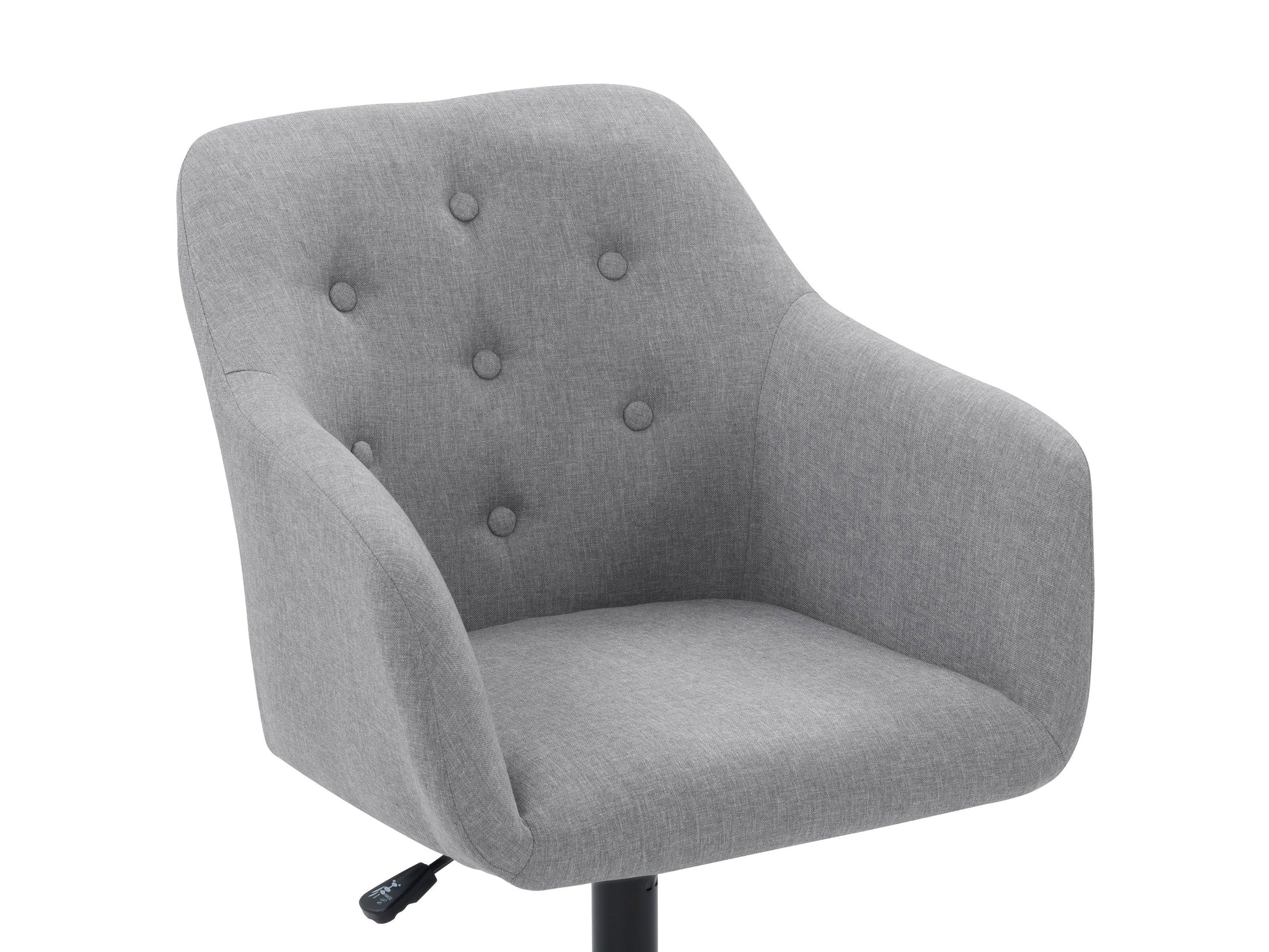 Light grey office chair with arms, ergonomic design, adjustable height, and cushioned seat.