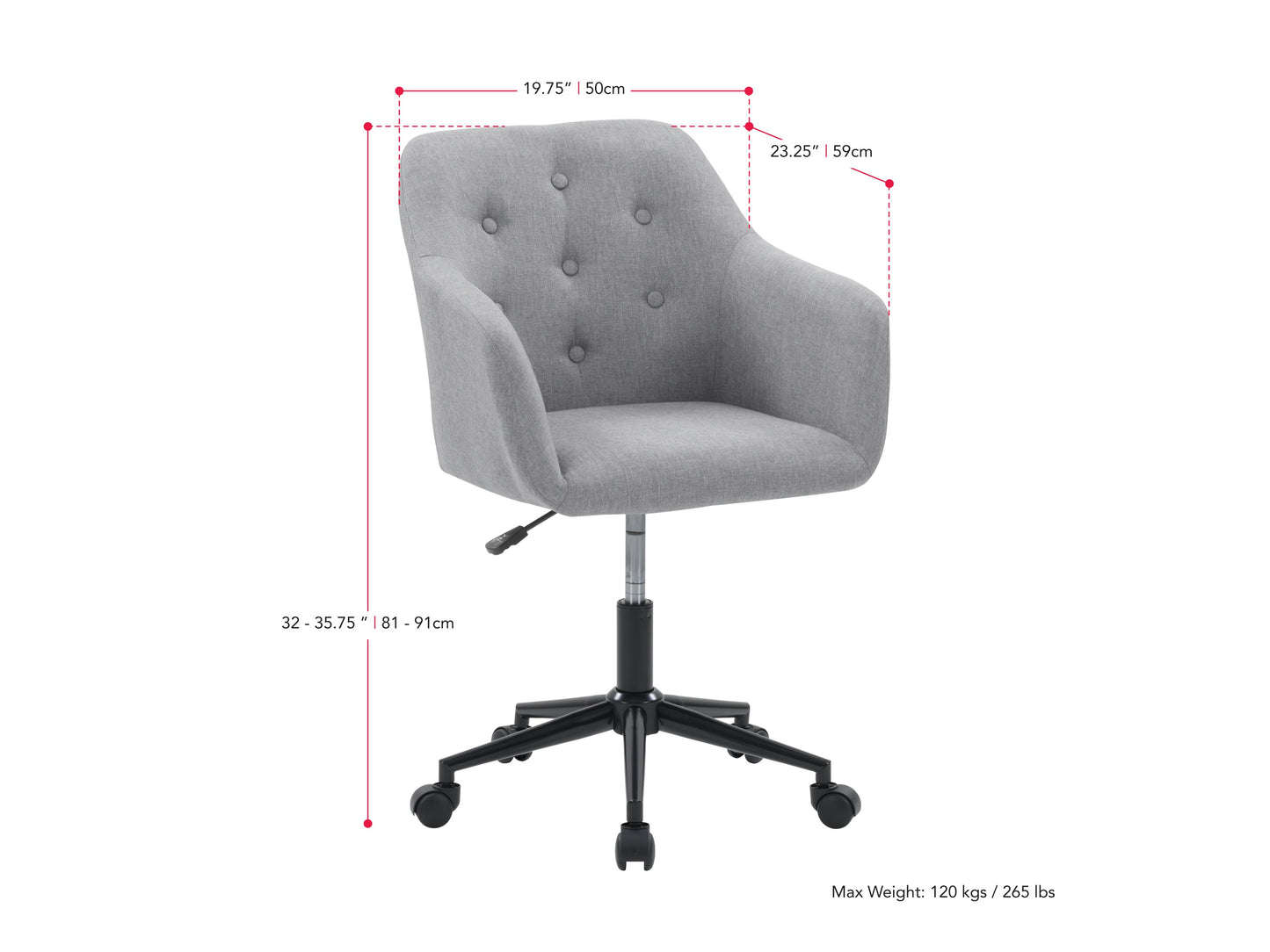 Light grey office chair with arms, ergonomic design, padded seat, and adjustable height.